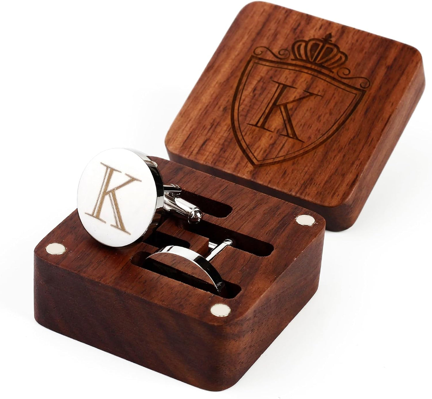 Mens Initial Silver Cufflinks A-Z Alphabet Letter Steel Cuff Links with Engraved Walnut Wood Box Groom Groomsman Wedding Set…