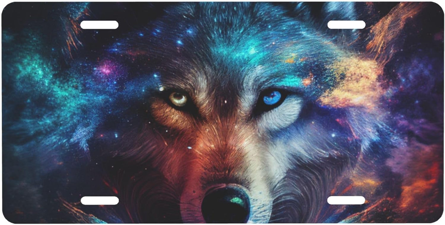 Front License Plate for Car Designs Galaxy Animal Wolf Stainless License Plate Cover Holder for Men Women Metal Aluminum Decorative Accessory Vanity Tag Standard 6 X 12 Inch (4 Holes)