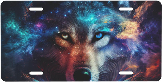 Front License Plate for Car Designs Galaxy Animal Wolf Stainless License Plate Cover Holder for Men Women Metal Aluminum Decorative Accessory Vanity Tag Standard 6 X 12 Inch (4 Holes)