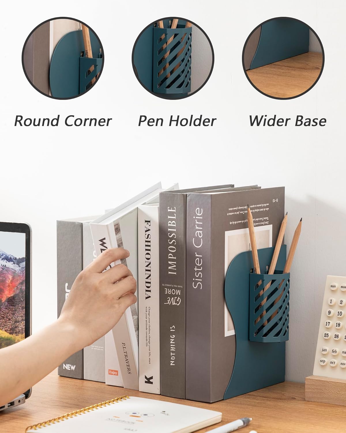 Kingsmile Book Ends, Adjustable Bookends for Shelves, Metal Bookends for Heavy Books, Book Stopper Organzier with Pen Holder for Desk, Kids Room, Office, Classroom, Library, Study Room.(Blue)