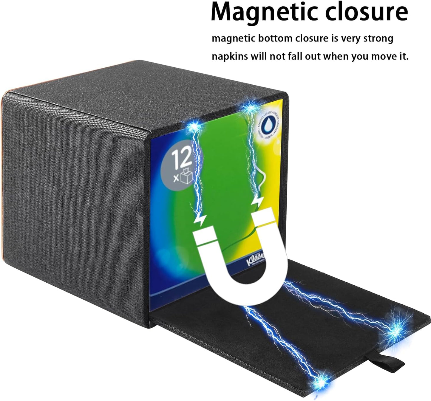 Tissue Box Cover Square Tissue Box Holder PU Leather Facial Organizer with Magnetic Bottom,Decorative Napkin Caddy for Vanity Dresser Night Stand Table Countertop Home Office Car,Black