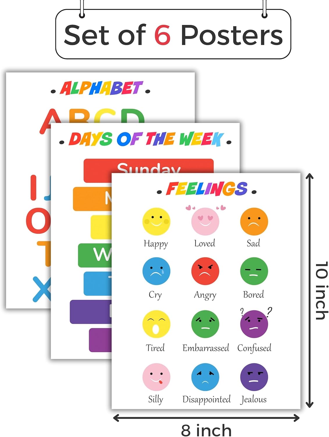 CNTG Design Educational Posters – Set of 6, 8x10 Inch Unframed Wall Art – Alphabet, Numbers, Days of the Week, Colors, Shapes & Feelings Charts for Classroom Decor (Colorful Learning)