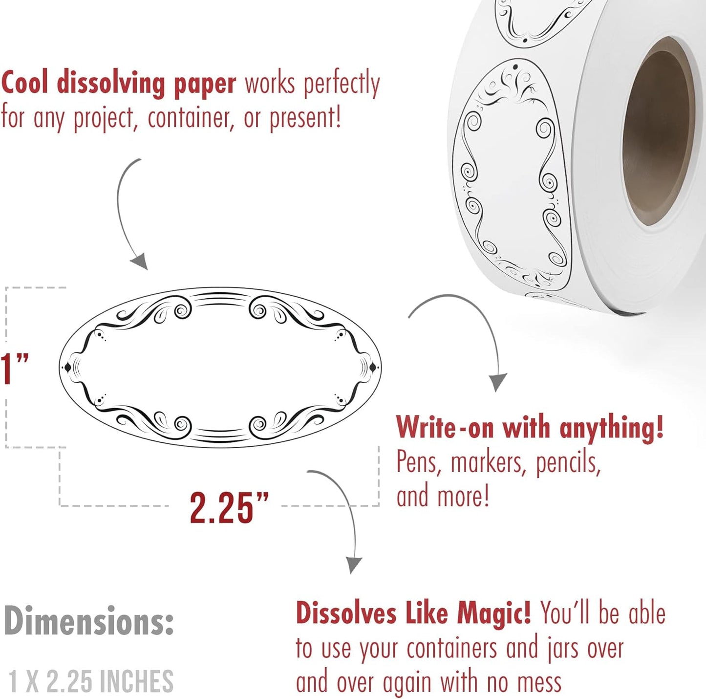 MESS Dissolvable Canning Labels for Jars - 1x2.25 in., 150/Roll - Removable Mason Jar Stickers (Ovals) for Jam and Preserves