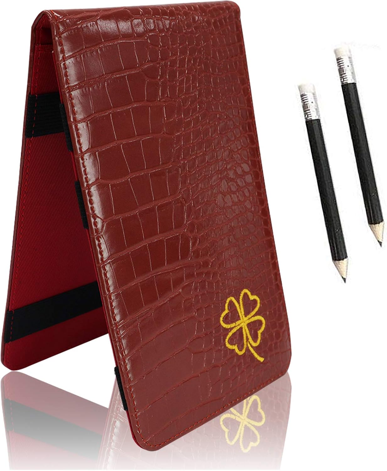 FINGER TEN Golf Scorecard Holder Leather Yardage Books Cover Lucky Clover with 2 Free Pencil Value Pack Deluxe Pocket Score Card Covers Gift for Men Women Golfer