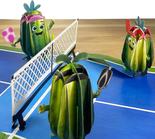 3D Pickleball Popup Card - Funny Handmade Paper Art with Four Pickles Playing for Birthday, Anniversary, Christmas, Father’s Day - Unique Gift for Him, Her, Pickleball Players & Fans