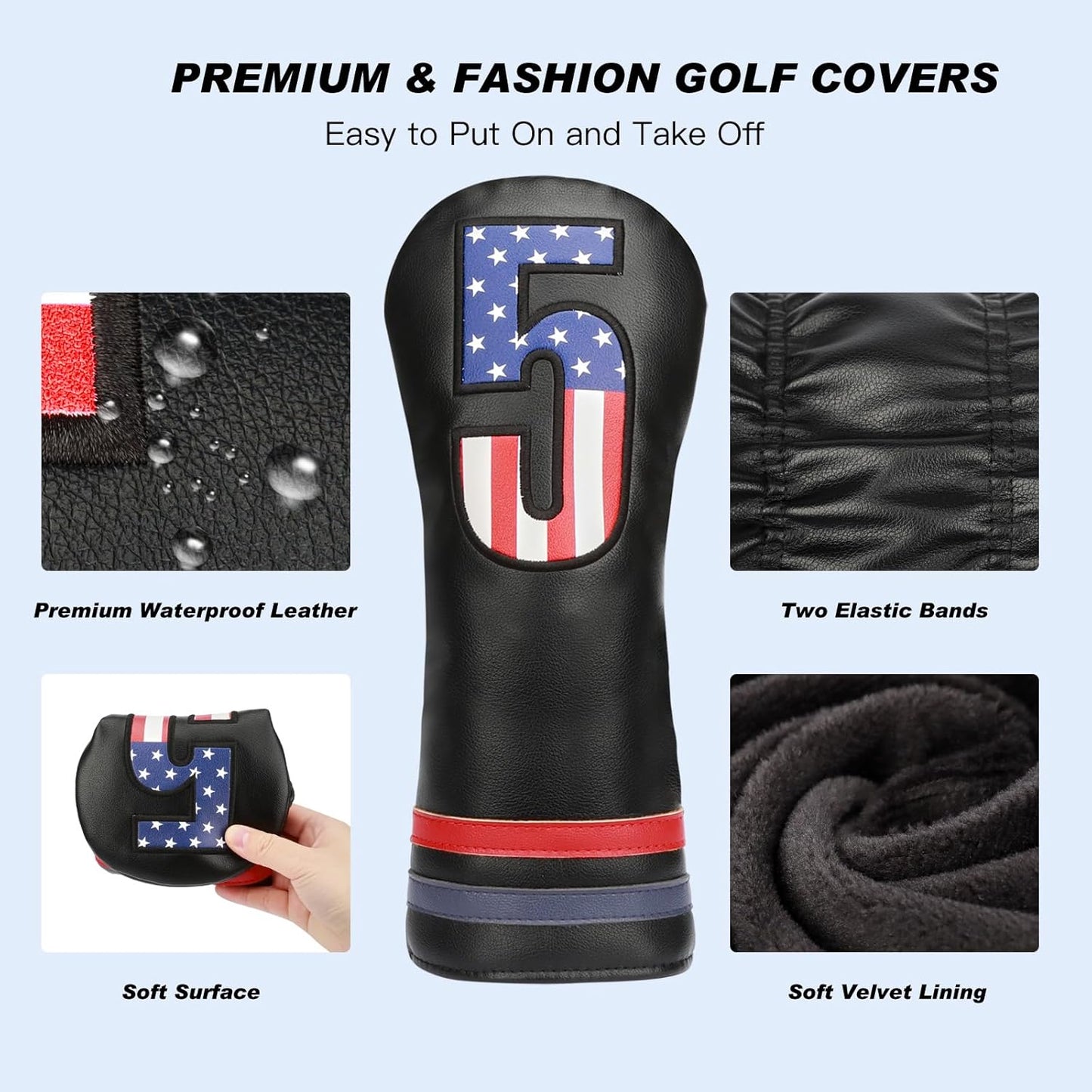 Golf Head Covers, 4pcs or 1pc USA Stars and Stripes Golf Club Covers for Woods and Driver Fairway Hybrid, PU Leather Golf Club Head Covers for Men Women with Interchangeable Tags, Fits Most Golf Clubs
