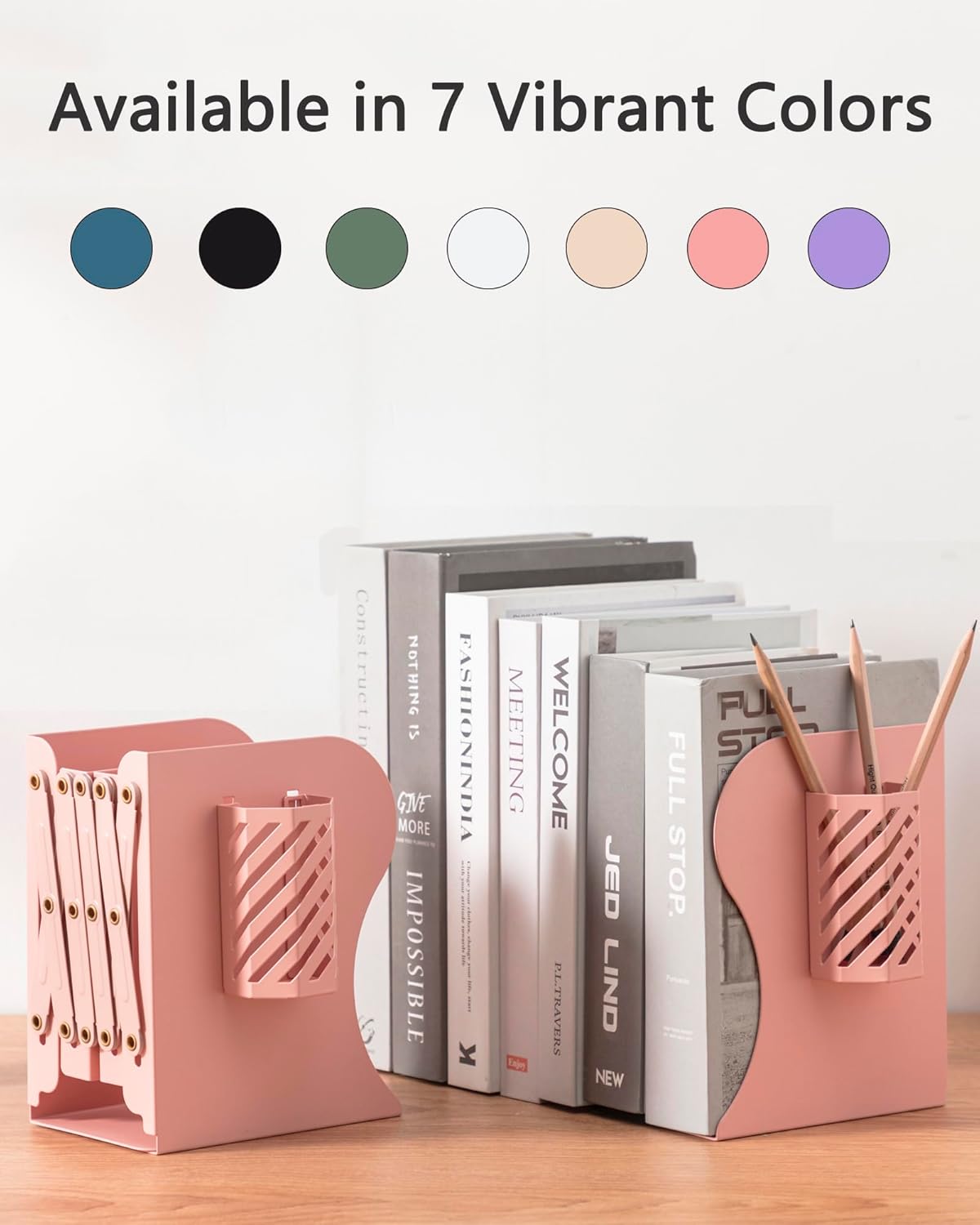 Kingsmile Book Ends, Adjustable Bookends for Shelves, Metal Bookends for Heavy Books, Book Stopper Organzier with Pen Holder for Desk, Kids Room, Office, Classroom, Library, Study Room.(Pink)