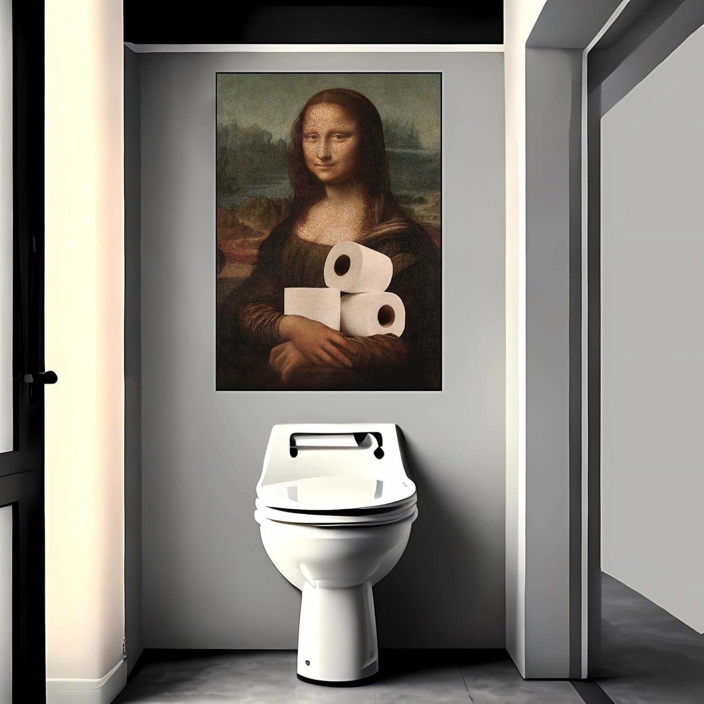 Funny Bathroom Wall Art Classical Oil Painting Mona Lisa and Toilet Paper Poster Amusing Prank Canvas Prints Vintage Humor Wall Decor for Restroom 16x24in Framed
