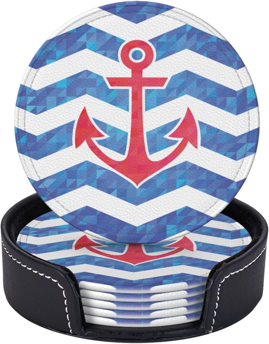 Nautical Anchor Red Blue Coasters for Drinks Round Leather Coaster with Holder Set of 6 for Tabletop Protection Desk Accessories Office Home Room Decor