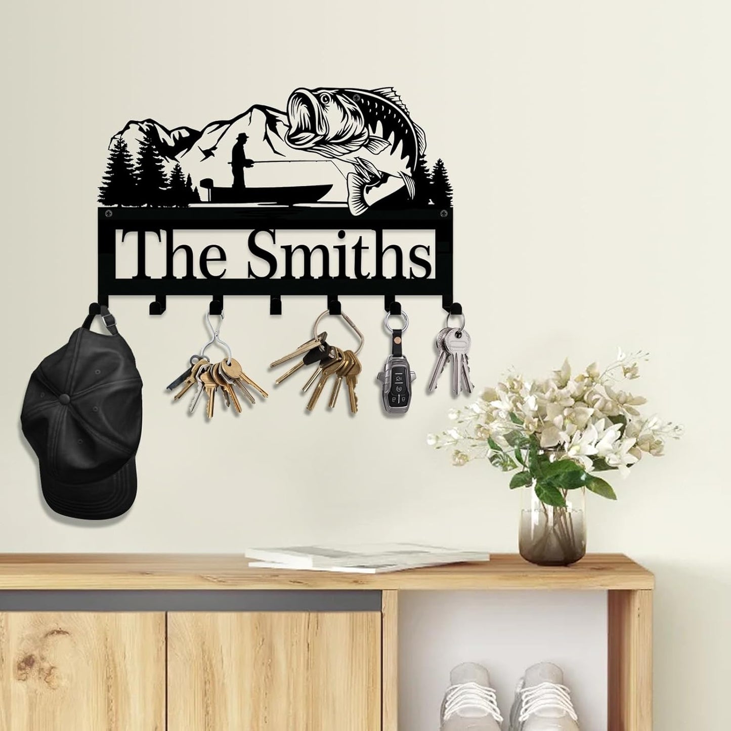 NIWAHO Personalized Family Name Metal Wall Sign with Hooks – Bass Fishing Key Rack Holder Wall Mount Customized Name for Entryway, Mudroom, Kitchen, or Bathroom Decor