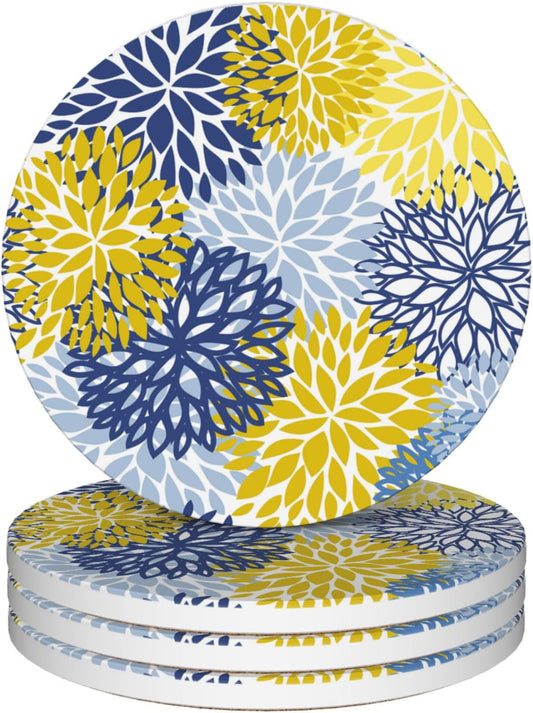 Spring Drinks Coasters Set of 4, Absorbent Cup Mat with Cork Base,Ceramic Stone for Table Home Decor 4" Navy Blue Flower