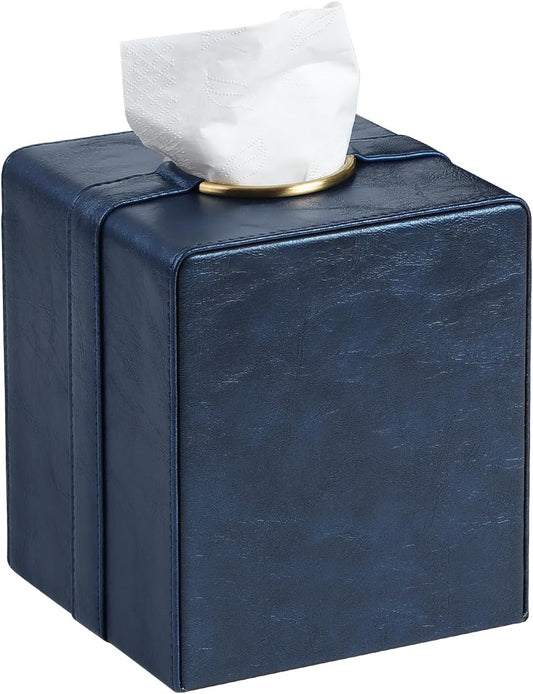 Luxury Square Tissue Box Cover, PU Leather Tissue Box Holder with Magnetic Closure and Gold Decorative Grommets for Bathroom Bedroom, Decorative Elegant Cube Tissue Holder (Blue)