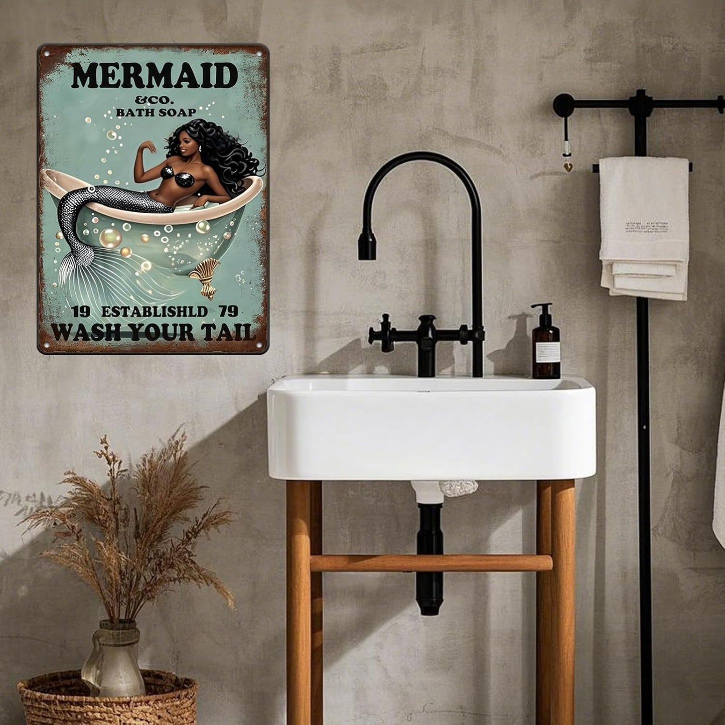 Funny Mermaid Company Bath Soap Metal Signs Wash Your Tail Sign Vintage Tin Sign Wall Decor Retro Tin Signs for Room Living Room Bathroom Toilet Hotel 12x16 Inch