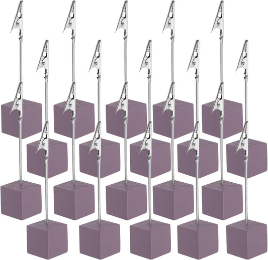 PATIKIL Place Card Holder, 20Pcs Memo Clip Holder Stand with Alligator Clasp Table Number Holders Wooden Base for Pictures Note Card Paper, Dark Purple