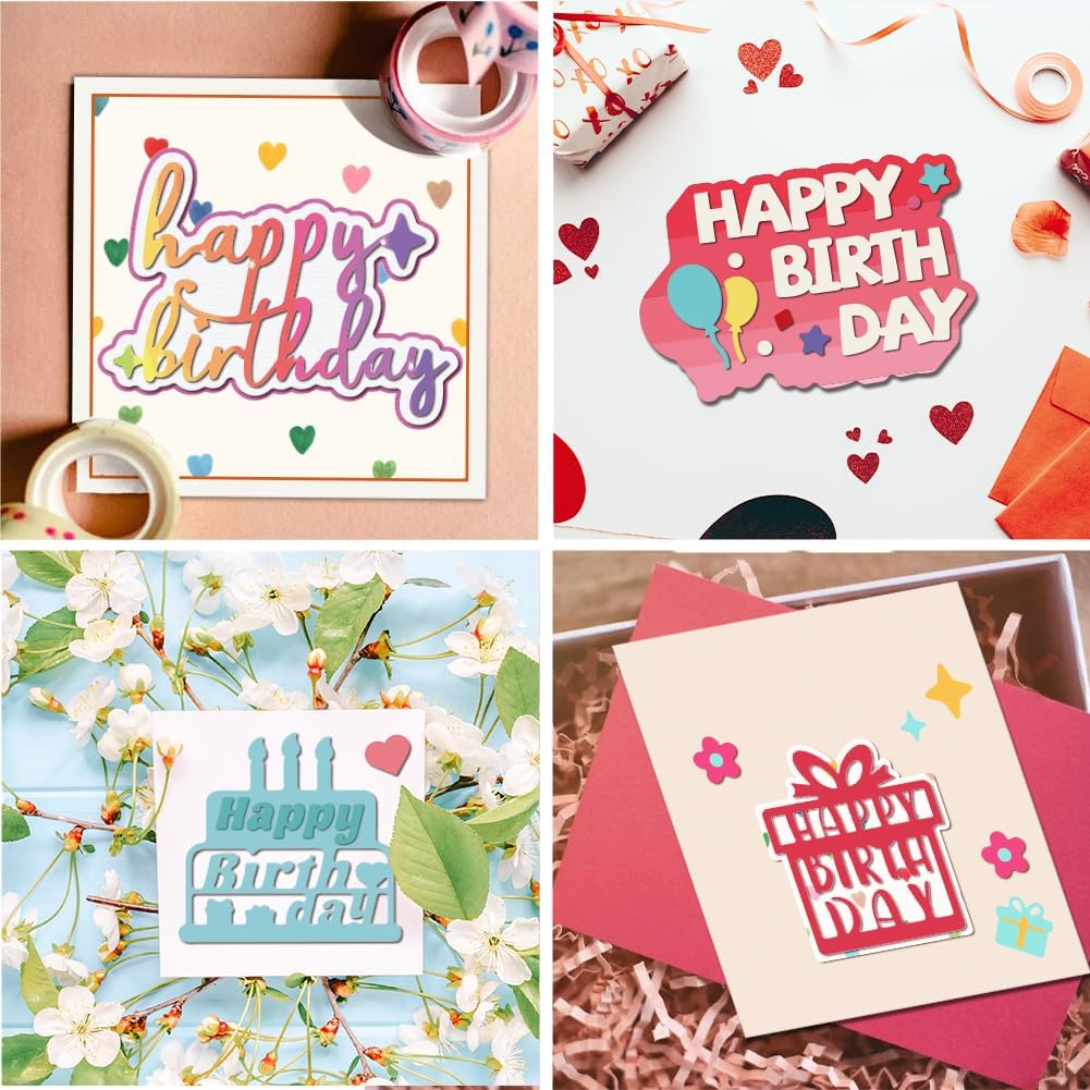 MAYJOYDIY Birthday Theme Cutting Dies Happy Birthday Words Metal Die Cuts Template Cake Candle Balloon Crown Embossing Carbon Steel Stencils for Card Making Scrapbooking Album Gift Decoration