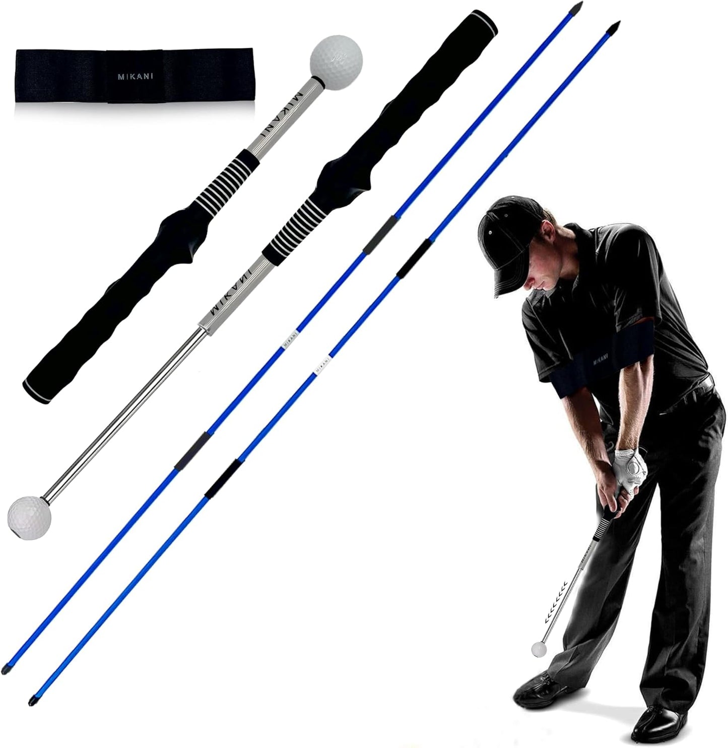 Mikani Retractable Golf Swing Training Aid - Click Stick Swing Training with Golf Grip Trainer | Golf Swing Trainer |Golf Alignment Sticks | Click Sound Tempo Training, Golf Accessories for Golfers