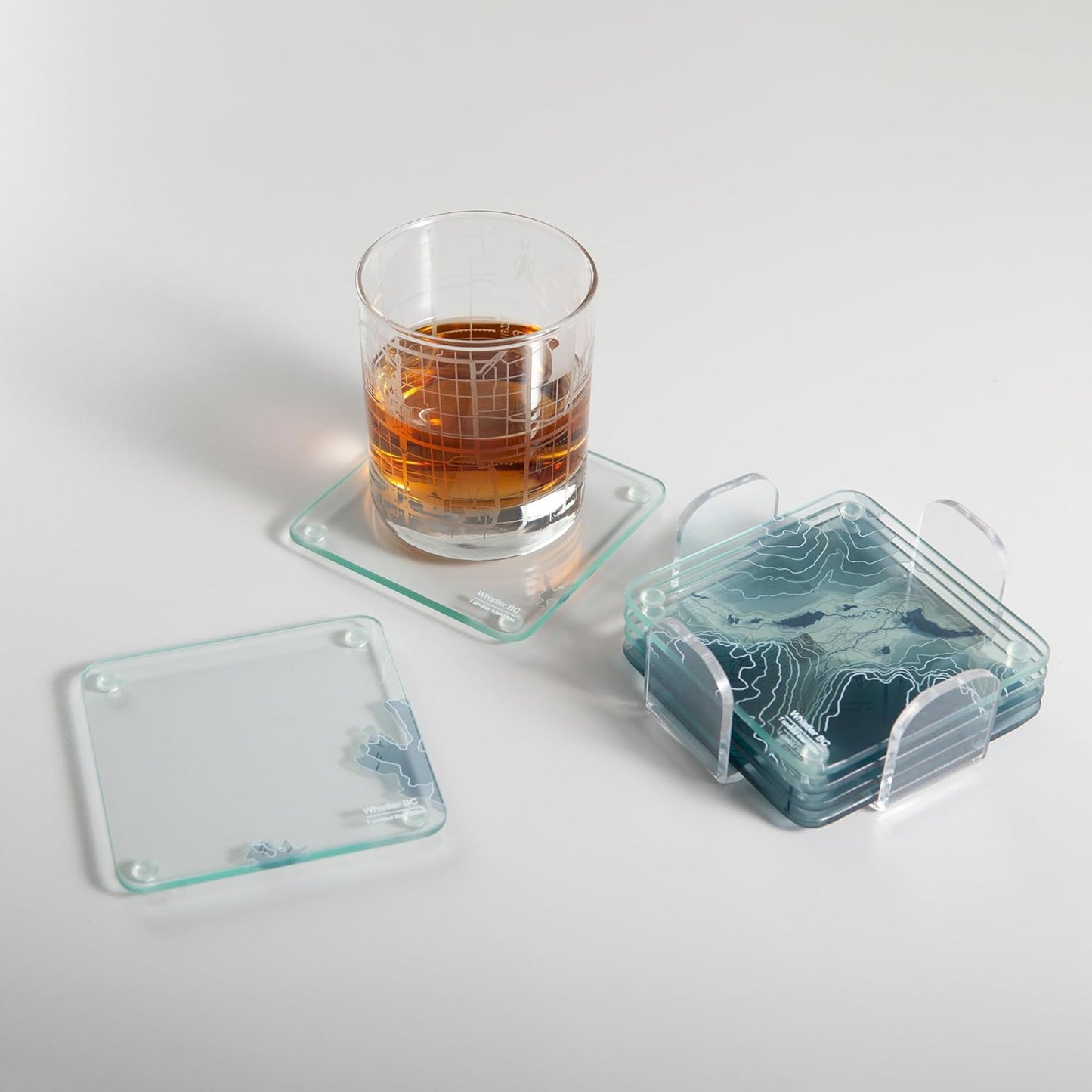 Whistler, BC 3D Contour Map Glass Drink Coasters of Mountains, Ski Resort, Set of 6 with Holder, Housewarming Birthday Gifts, Home Decor