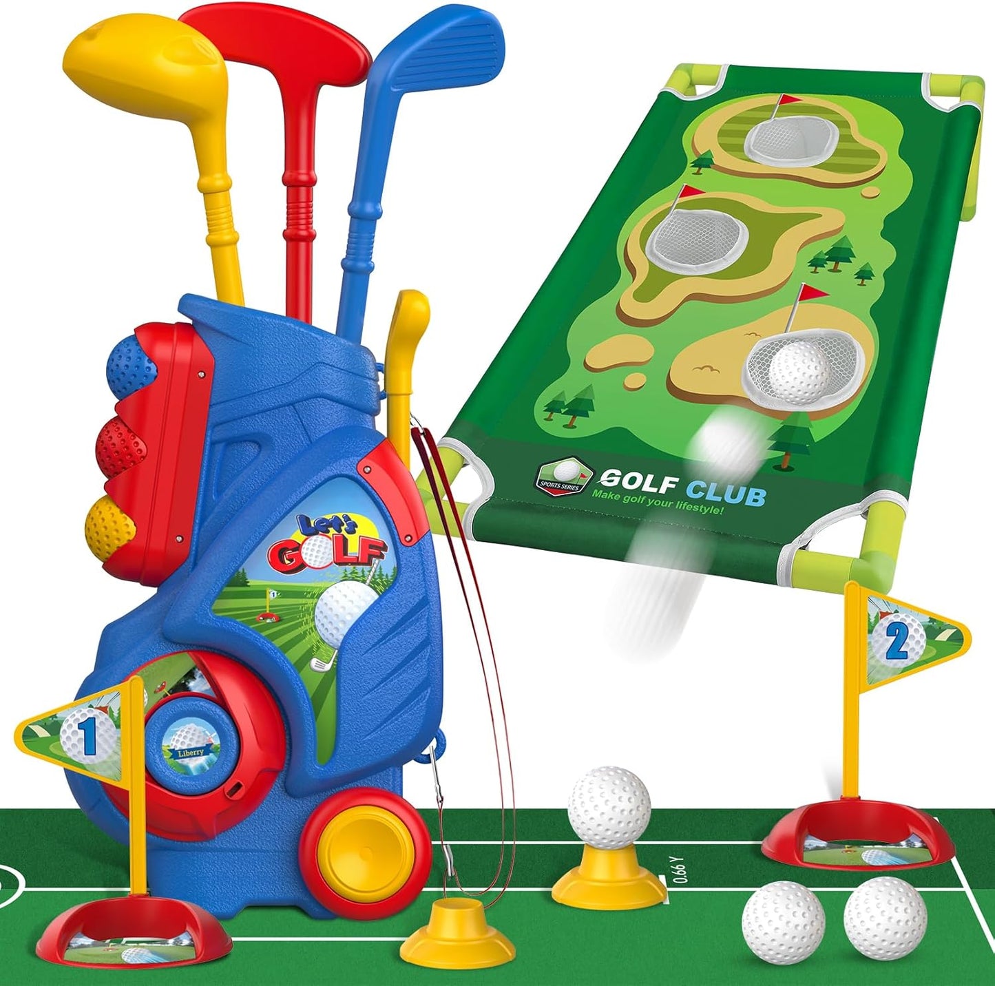 Liberry Toddler Golf Set for 2 3 4 5 Years Old Boys Girls, Upgraded Kids Golf Cart with Golf Cornhole Board & Putting Mat, Indoor and Outdoor Golf Toys Birthday Christmas Gift