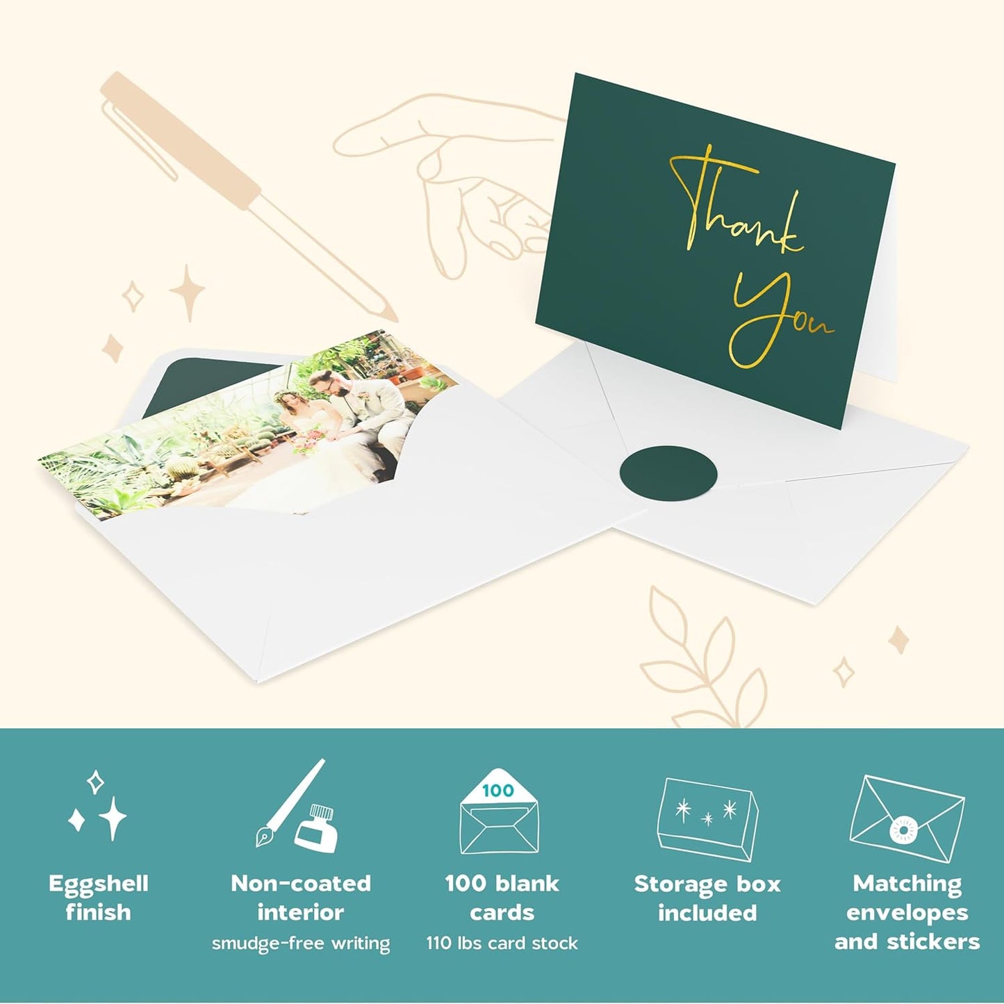VNS Creations Gold Foil Thank You Cards With Envelopes Bulk Set & Stickers - 100 Pack 4x6 Blank Thank You Notes Set - Large Note Card Small Business, Wedding, Baby Shower & Bridal Shower - Post Green