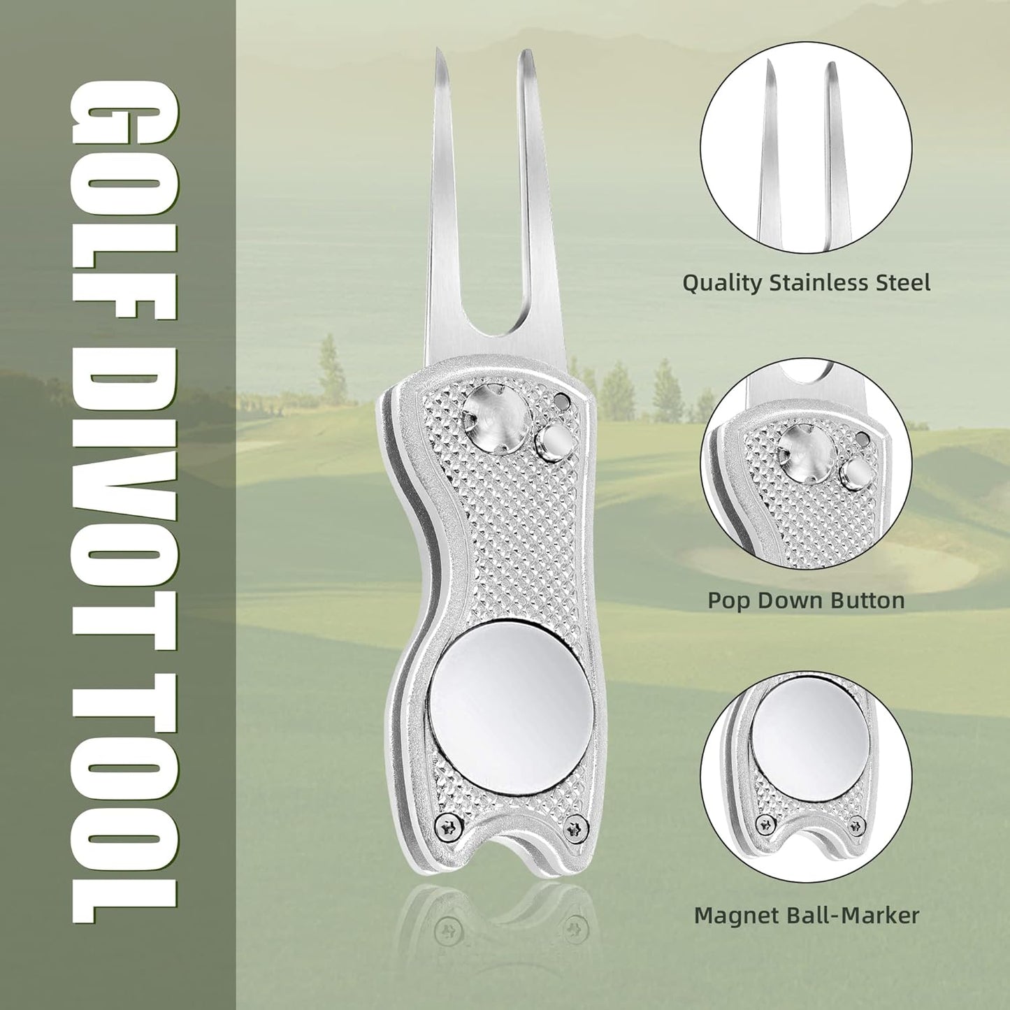 Mile High Life Golf Divot Repair Tool, All Metal Foldable Divot Tool with Pop-up Button & Magnetic Ball Marker, 2-6 Pack