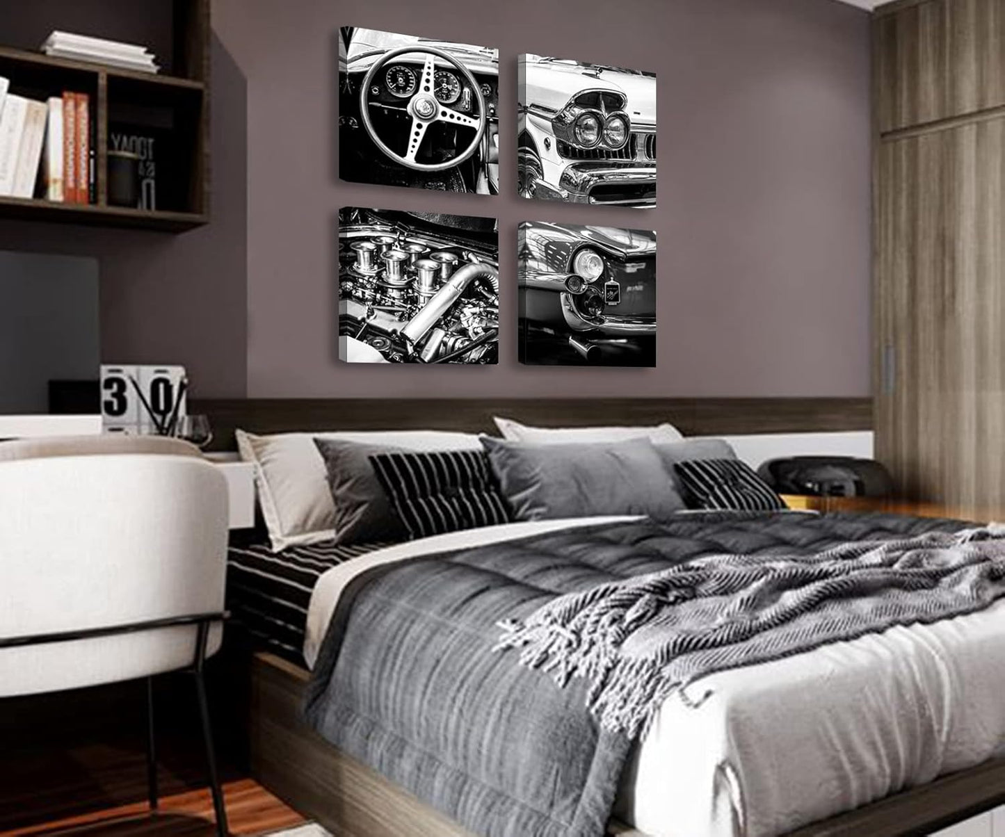 DJSYLIFE Black and White Wall Art Vintage Car Posters Decor Mens Bedroom Boys Room Office Paintings Canvas Pictures Framed Ready to Hang 12" W×12" H×4 PCS