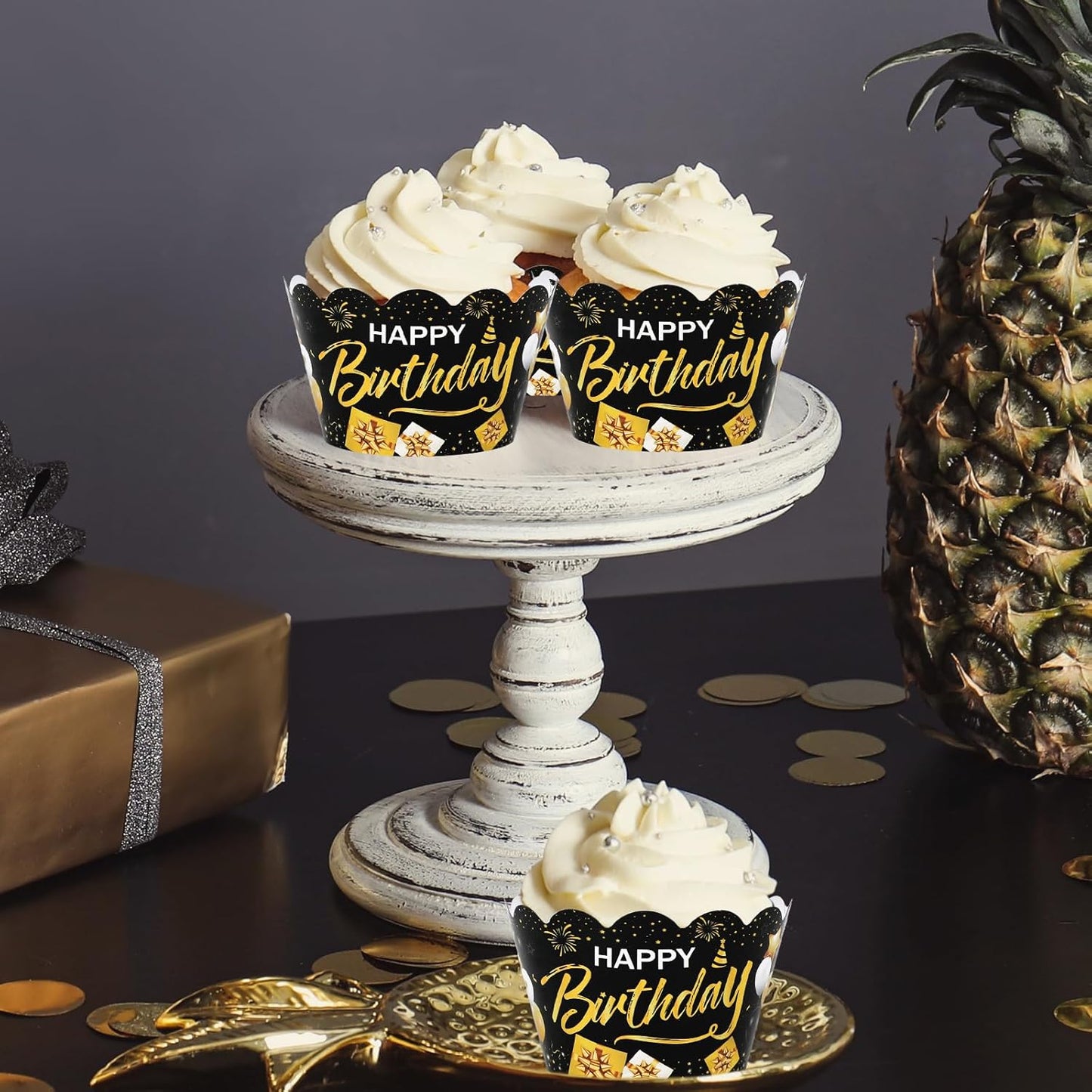 Whaline 36Pcs Happy Birthday Cupcake Wrappers Black Gold Birthday Cupcake Liners Decorative Cupcake Holders for Baby Shower Birthdays Party Cake Decoration