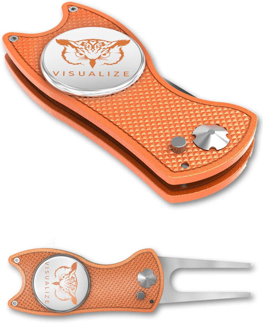 VISUALIZE Elite Switchblade Golf Divot Repair Tool Set with Ball Marker - Sturdy Anodized Aluminum - Perfect Golf Accessory Gift