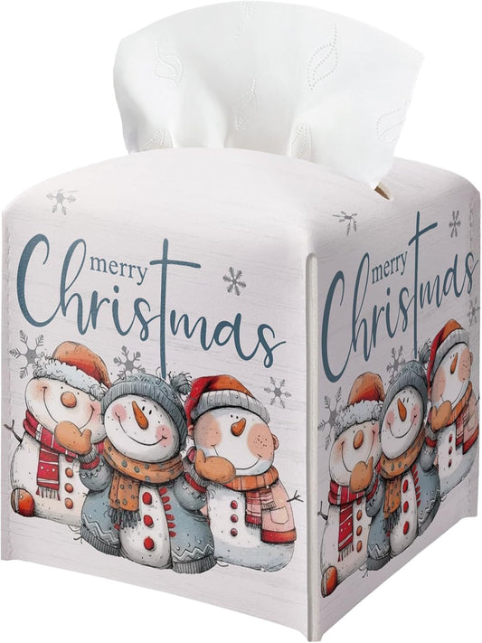 Christmas Snowman Tissue Box Holder, Cute Snowman Family Christmas Leather Tissue Box Cover Square, Paper Facial Decorative Tissues Cover for Night Stands Bathroom Office Home Decor-B03