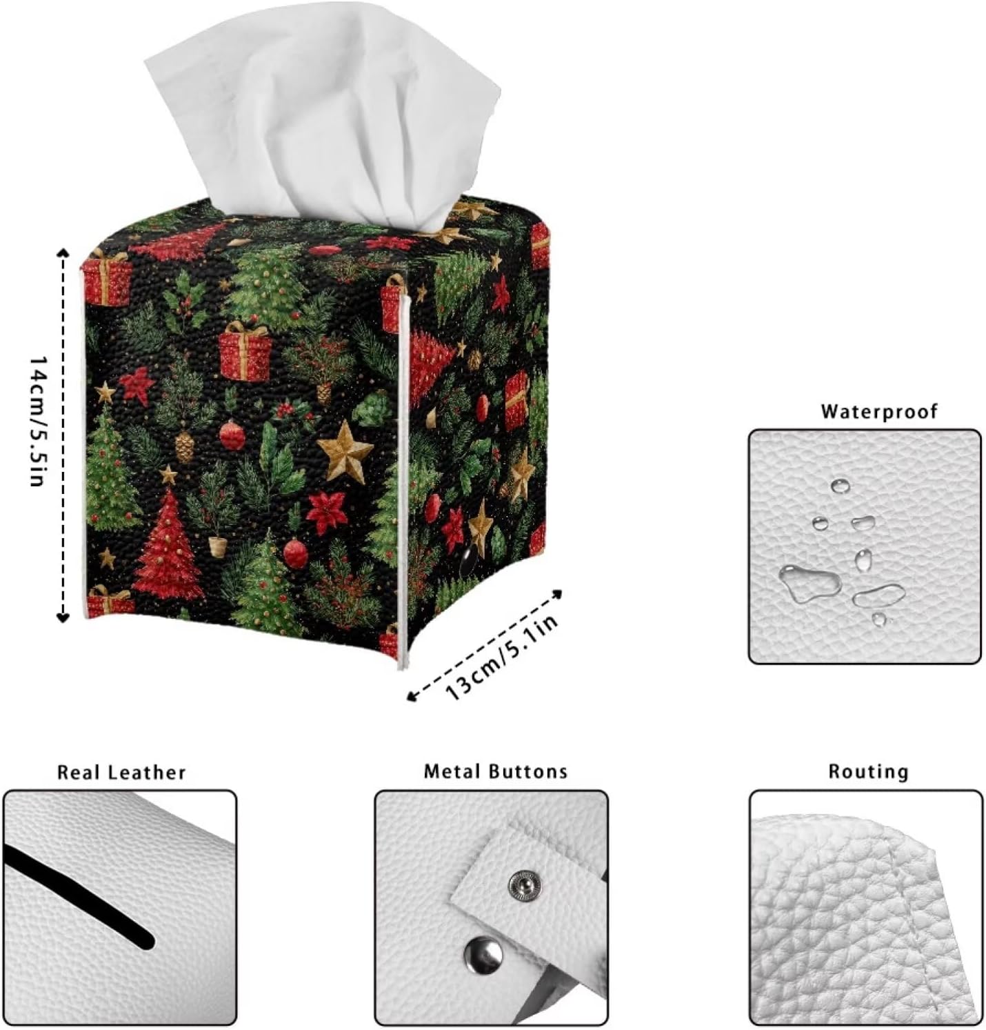 Christmas Tissue Box Cover Leather Tissue Box Holder 5x5x5 inch Modern Home Decor Holiday Theme Facial Paper Organizer Holder for Office Bedroom Car