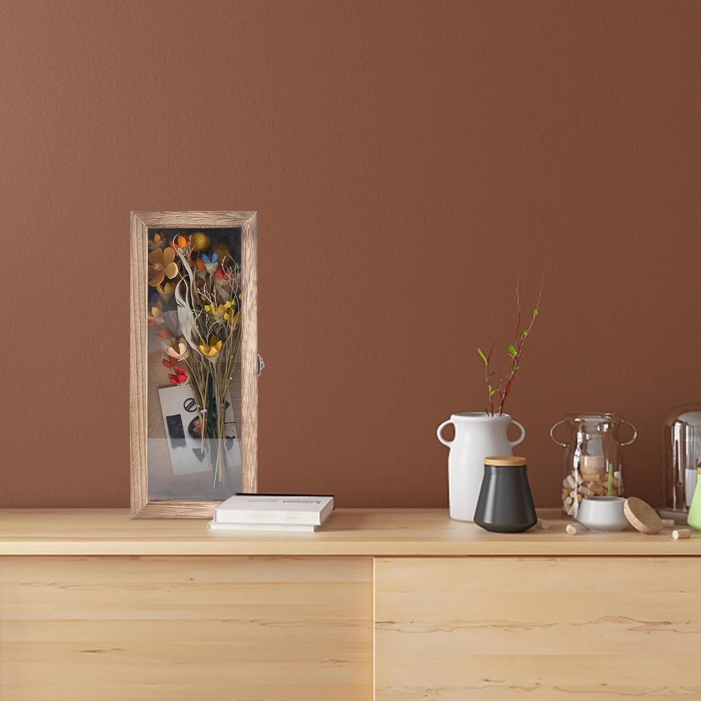 GraduatePro Shadow Box Frame 5x12 Display Case with Linen Back, Real Glass Window Door with Hinge, Picture Frame Wedding Bouquet Memorabilia Medals Photos Memory Box for Keepsakes, Carbonized Black