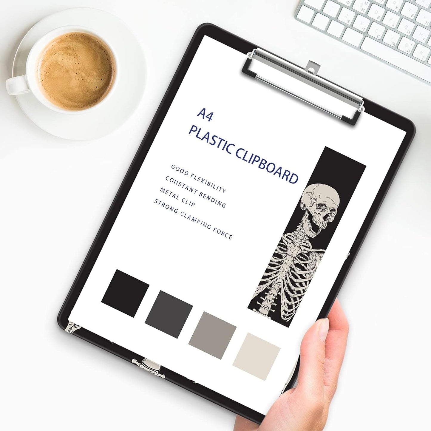 Plastic A4 Clipboards, Cute Clip Board Stardard Letter Size 9 x 12.5 in, Office Decorative for Students Women Men and Kids, Skeleton