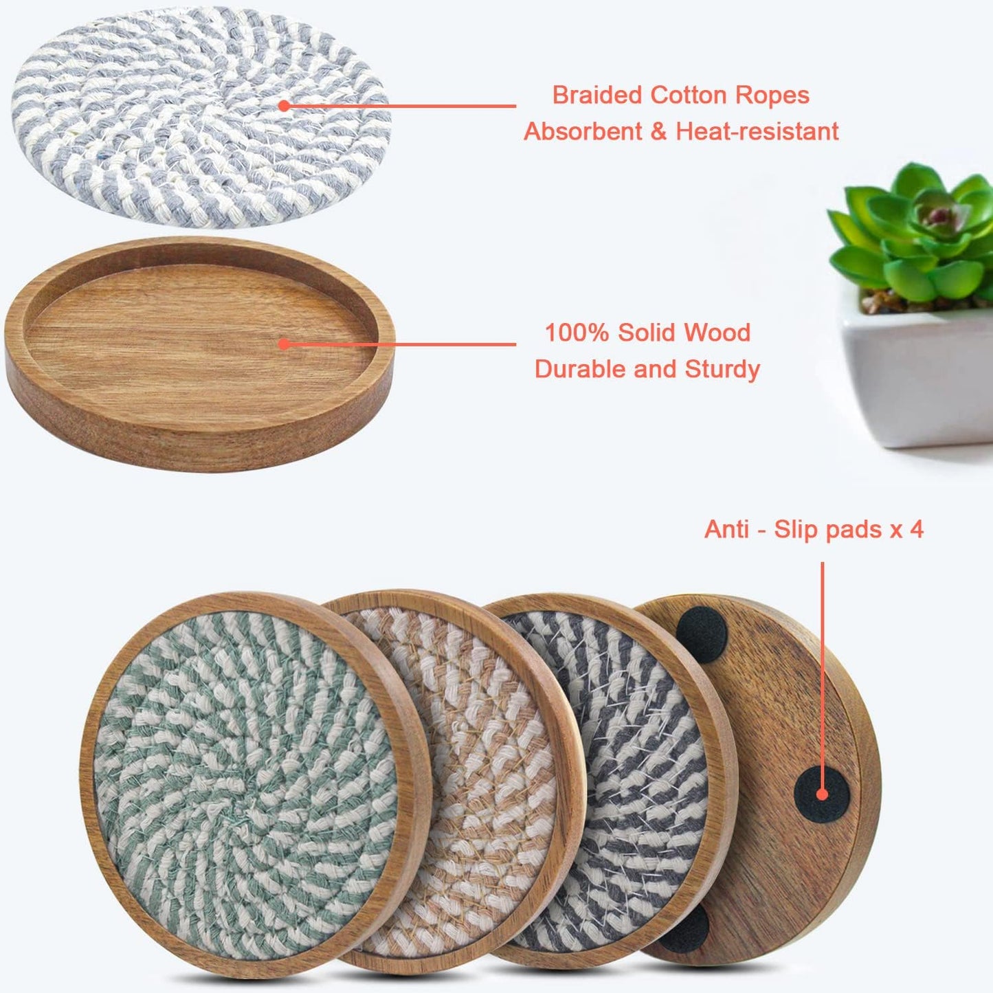 5 Pack Absorbent Coasters for Drinks, 4.3 Inches Cork for Coffee Tables, Wooden Drink Protection, Cute for Kitchen, Farmhouse, and Office (Colorful Series)