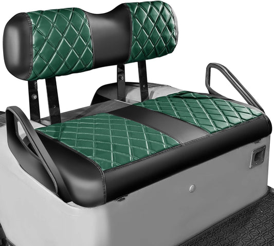 NOKINS Golf Cart Diamond Seat Covers Kit, Fit for EZGO TXT 1994-2013/EZGO RXV OEM Standard Front Seat Cushion, Golf Cart Vinyl Seat Cover, No Nails Required (Dark Green and Black)
