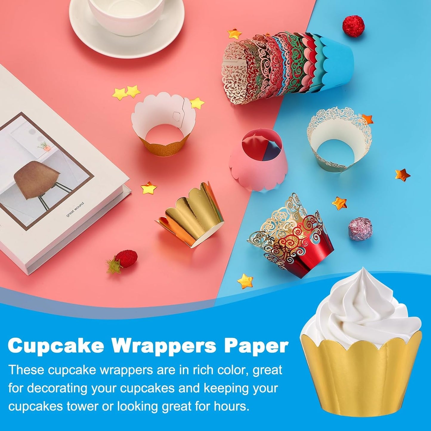 PATIKIL Cupcake Wrappers Paper, 50 Pack Baking Cups Standard Wave Decoration for Anniversary Birthday Weddings and Parties, Reflective Gold
