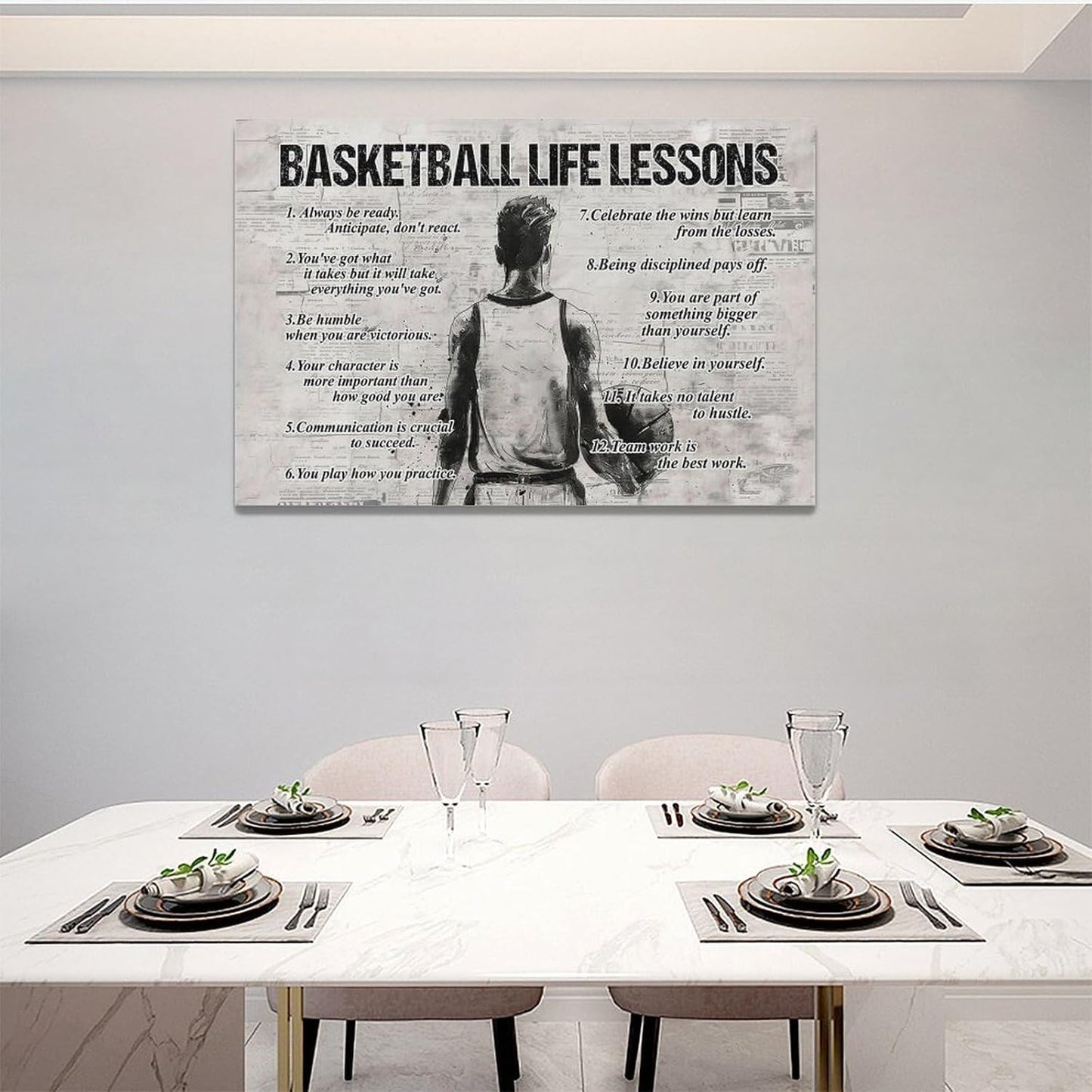 Basketball Sports Wall Art Basketball Life Lessons Wall Decor Basketball Sign Retro Poster Boy Men Room Motivational Decorations Canvas Print Painting Artwork for Bedroom Bathroom Living Room 24"x16"