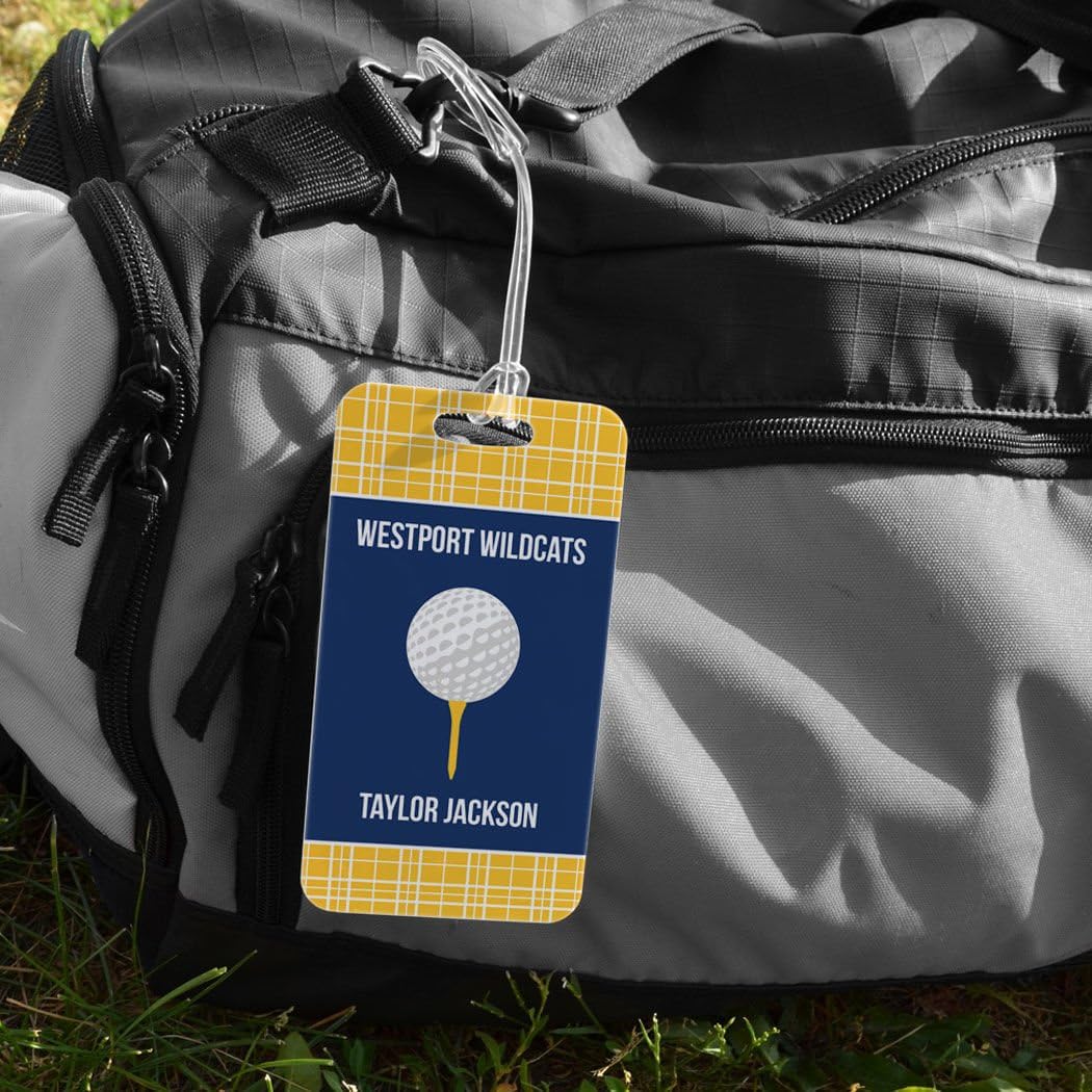 ChalkTalkSPORTS Golf Luggage & Bag Tag | Personalized Team with Golf Ball | Standard Lines on Back | Large | Gold/Navy