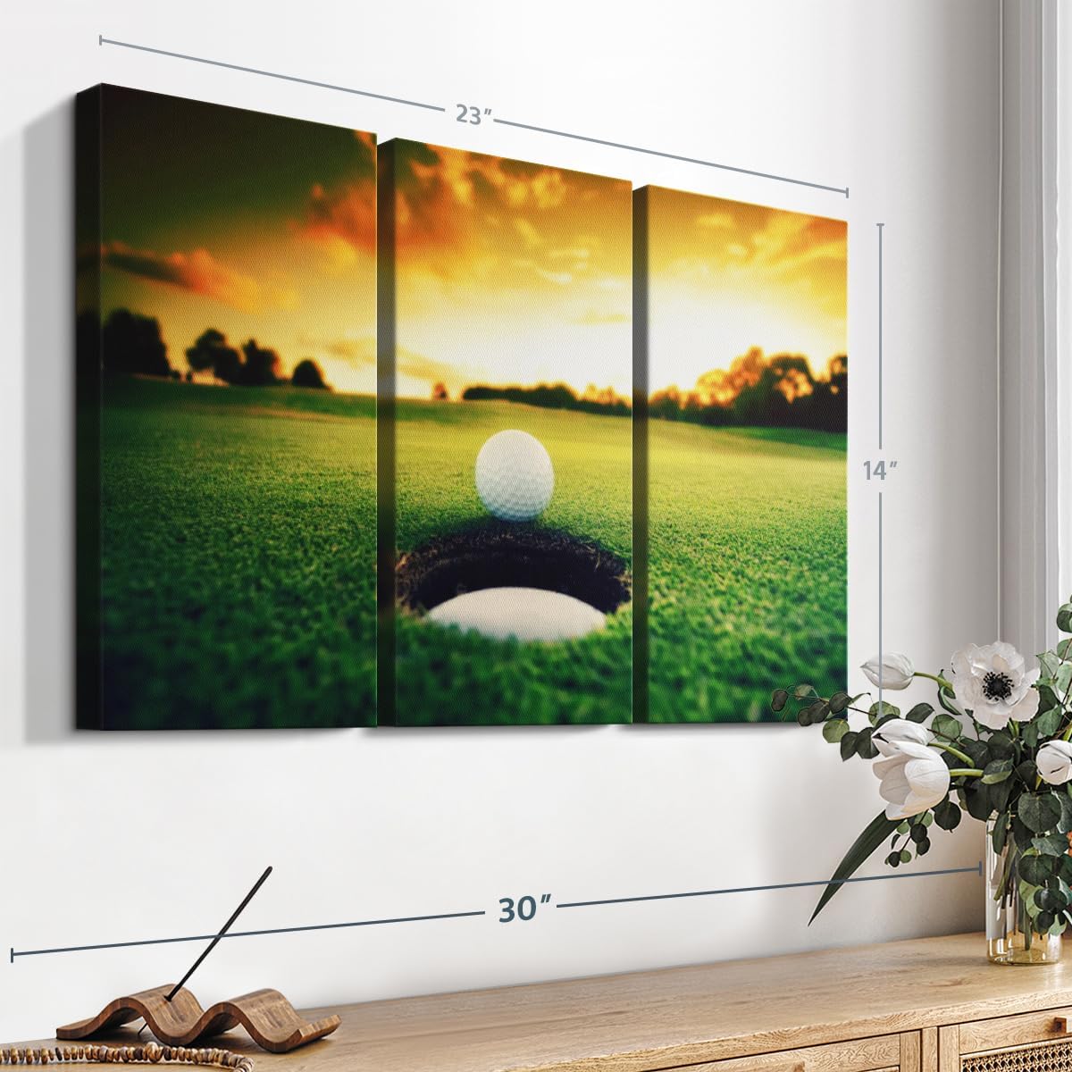 ElephantStock Golf Ball Wall Art - Horizontal Canvas - 3-Piece Living Room Wall Decor - Photography Sports Canvas Print - Orange and Yellow Decor for Wall - 23" X 14"