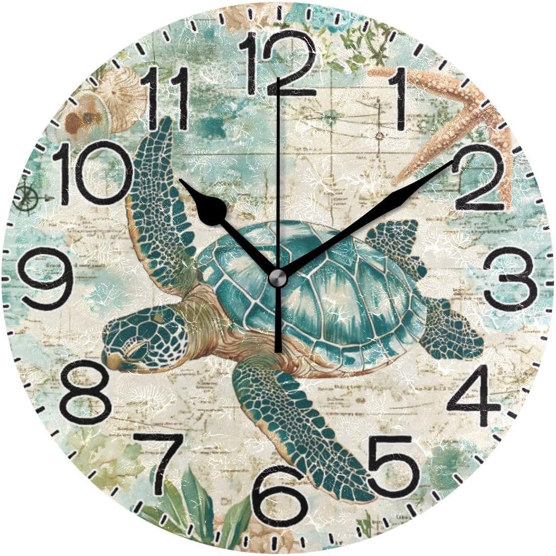 ALAZA Beautiful Sea Turtle Wall Clock Battery Operated Non Ticking Silent Quartz Analog Rustic Farmhouse Round Clock Retro Decor for Home Kitchen Living Room Bathroom