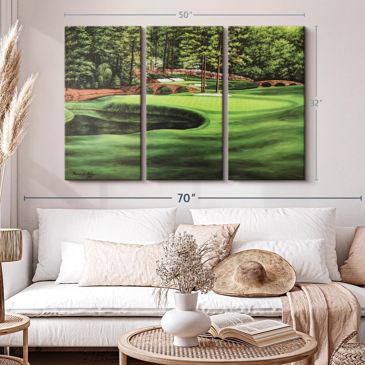ElephantStock Augusta National 11th Hole I Wall Art - Horizontal Canvas - 3-Piece Living Room Wall Decor - Painting Sports Canvas Print - Green and Brown Decor for Wall by Marci Rule - 50" X 32"