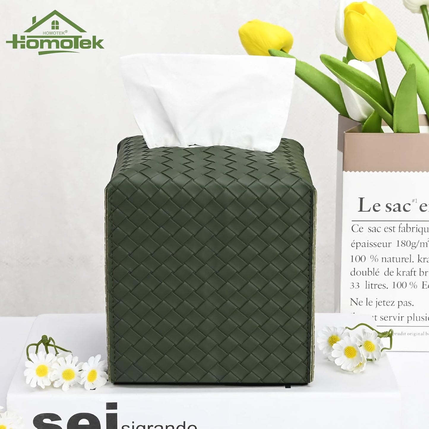 HOMOTEK 2 Pack Tissue Box Cover, Square PU Leather Tissue Holder, Decorative Facial Tissue Cube Paper Organizer Dispenser for Bathroom, Night Stands, Desk, Car 5X5X5'' - Woven Waffle,Emerald Green