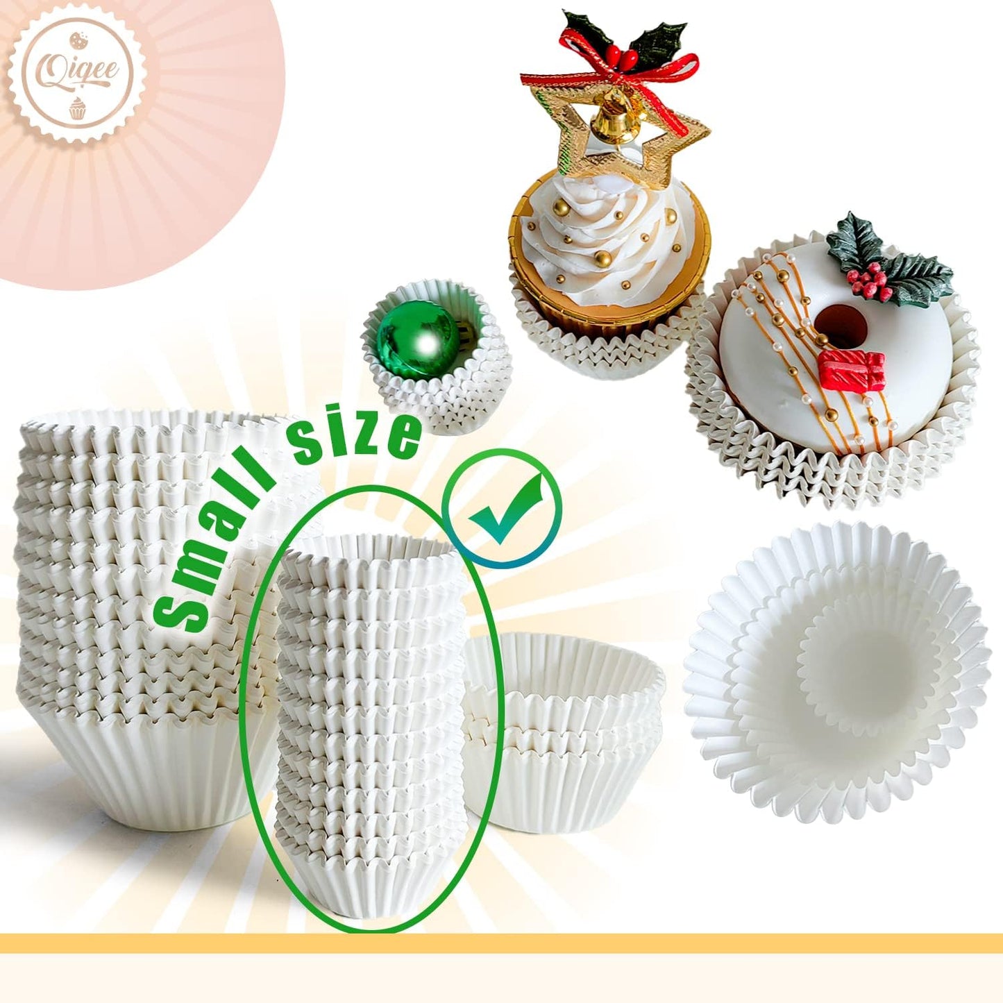 qiqee 600 Count Mini Cupcake Liners White Muffin Liners Food Grade Baking Cups Paper No Smells（Small Size）