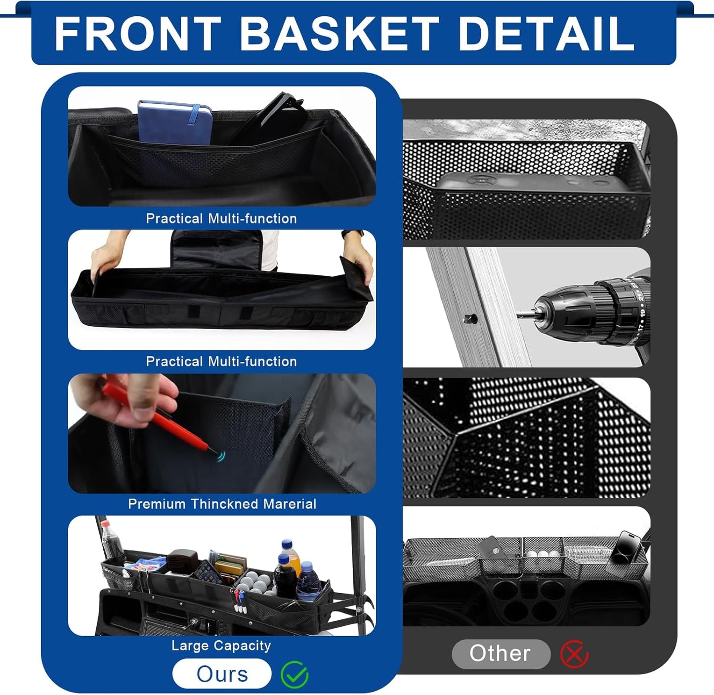 iLSKW Golf Cart Front Inner Basket Organizer Fit Ezgo TXT, Club Car DS/Precedent, Yamaha, Golf Cart Storage Tray with Over 13L Capacity, Indivdual Room, Easy to Install Remove Clean