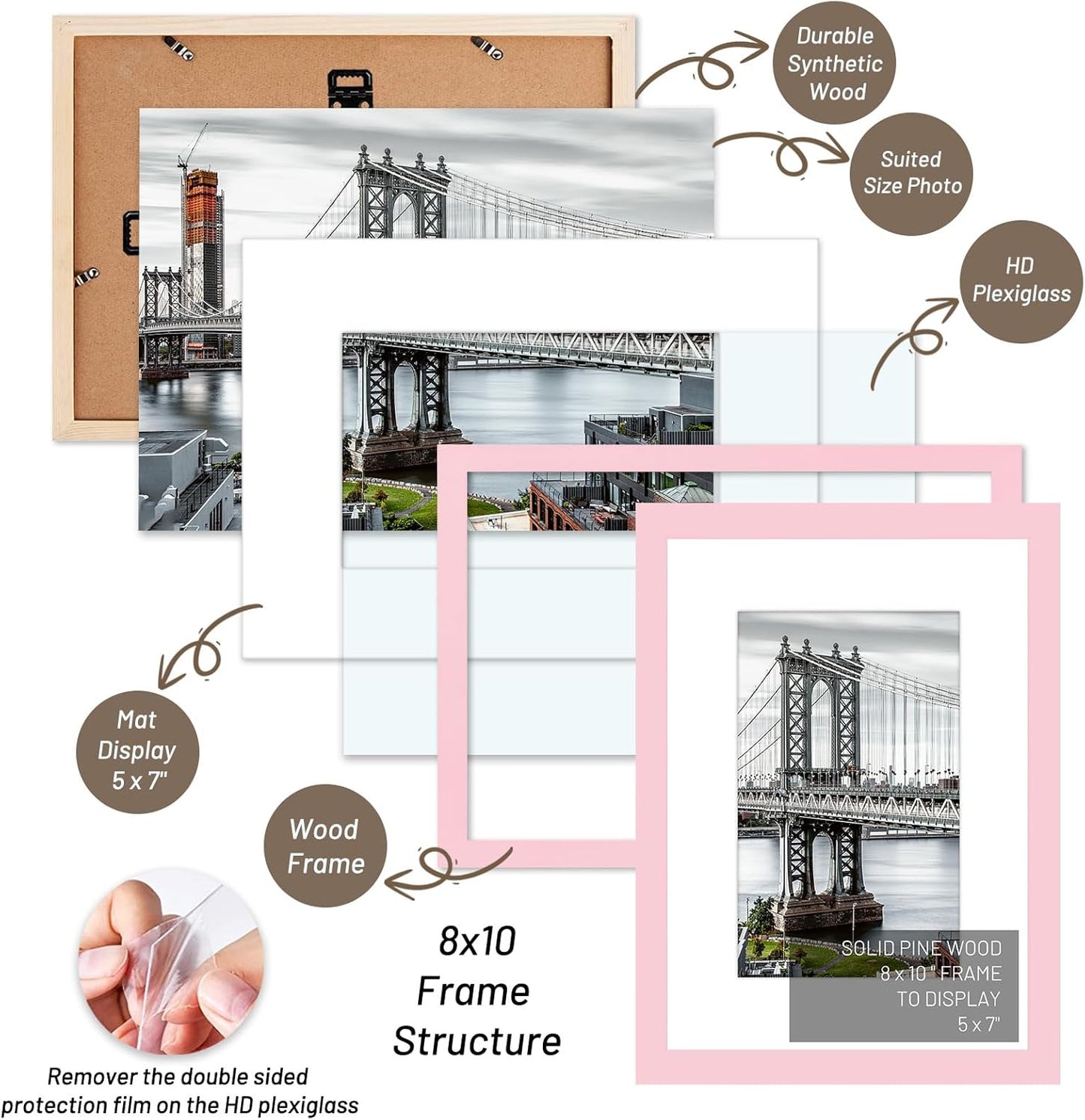 8x10 Solid Wood Picture Frames - 5x7 with Mat or 8x10 without Mat - Poster Photo Frame Art - Wall Mounting or Table Top (Pink)