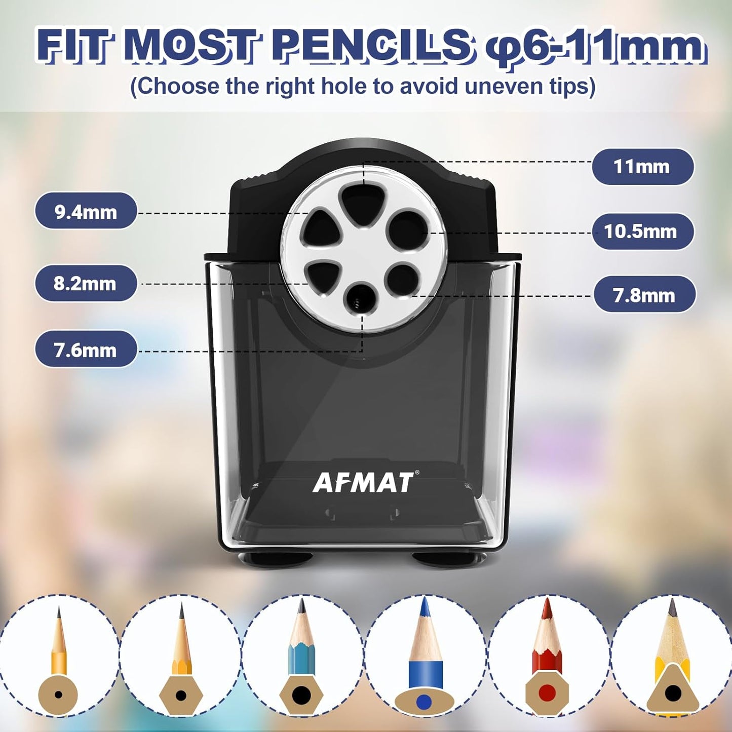 AFMAT PSX4 Electric Pencil Sharpener Heavy Duty, 6-Hole Classroom Pencil Sharpener for 6-11mm Pencils, Auto Stop Pencil Sharpeners Plug in, 10,000+ Sharpenings, Save Colored Pencils, Black