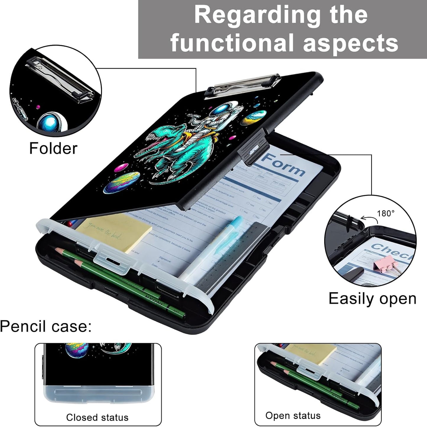 Clipboard with Storage - Large Capacity,Nursing Clipboard with Pen Holder,Heavy Duty,Plastic Side-Opening Folder for Teacher,Nurse - Dinosaur Astronaut