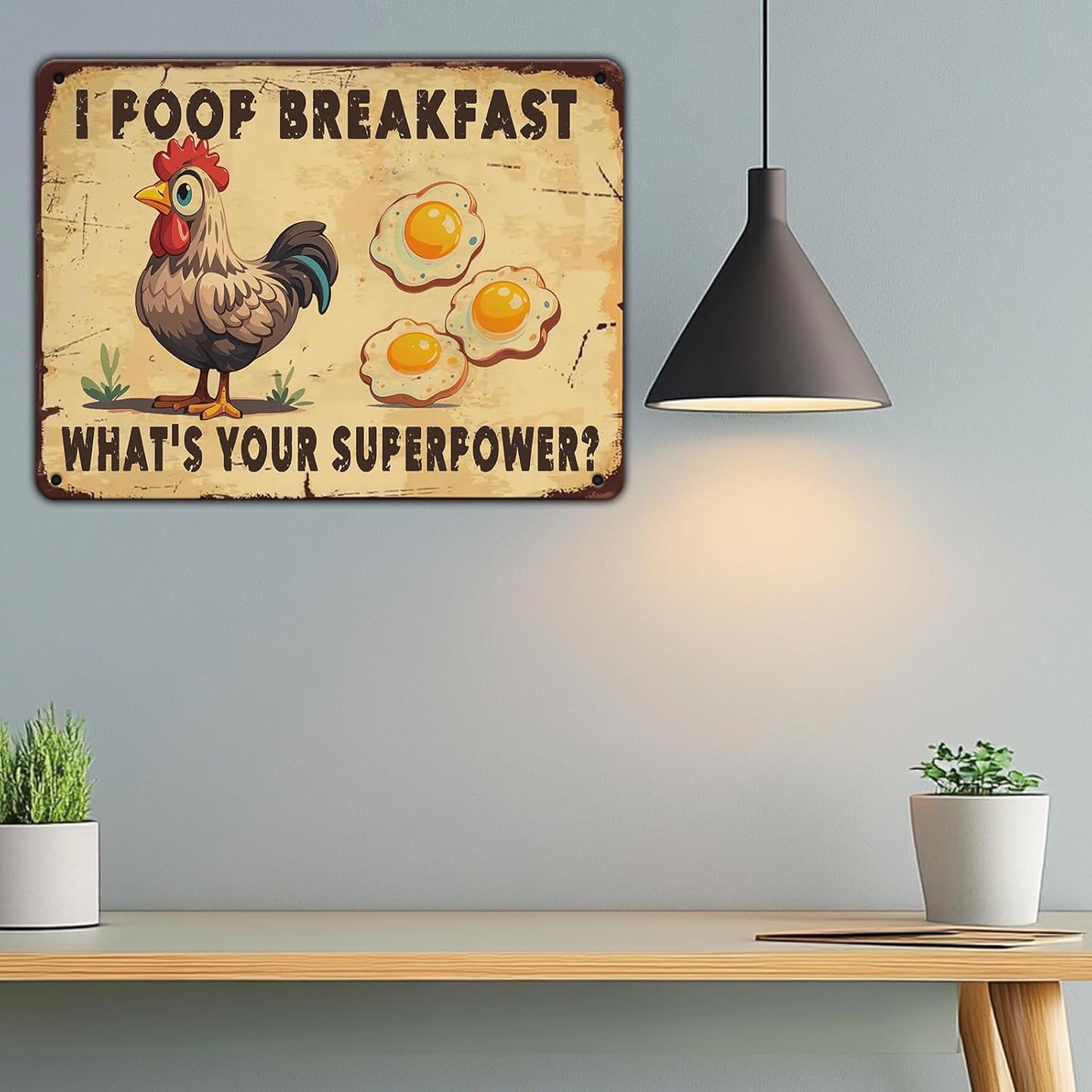 Farm Sign Chickens Pooping Breakfast Tin Sign Plaque Metal Poster 12x8 Inch Wall Decor