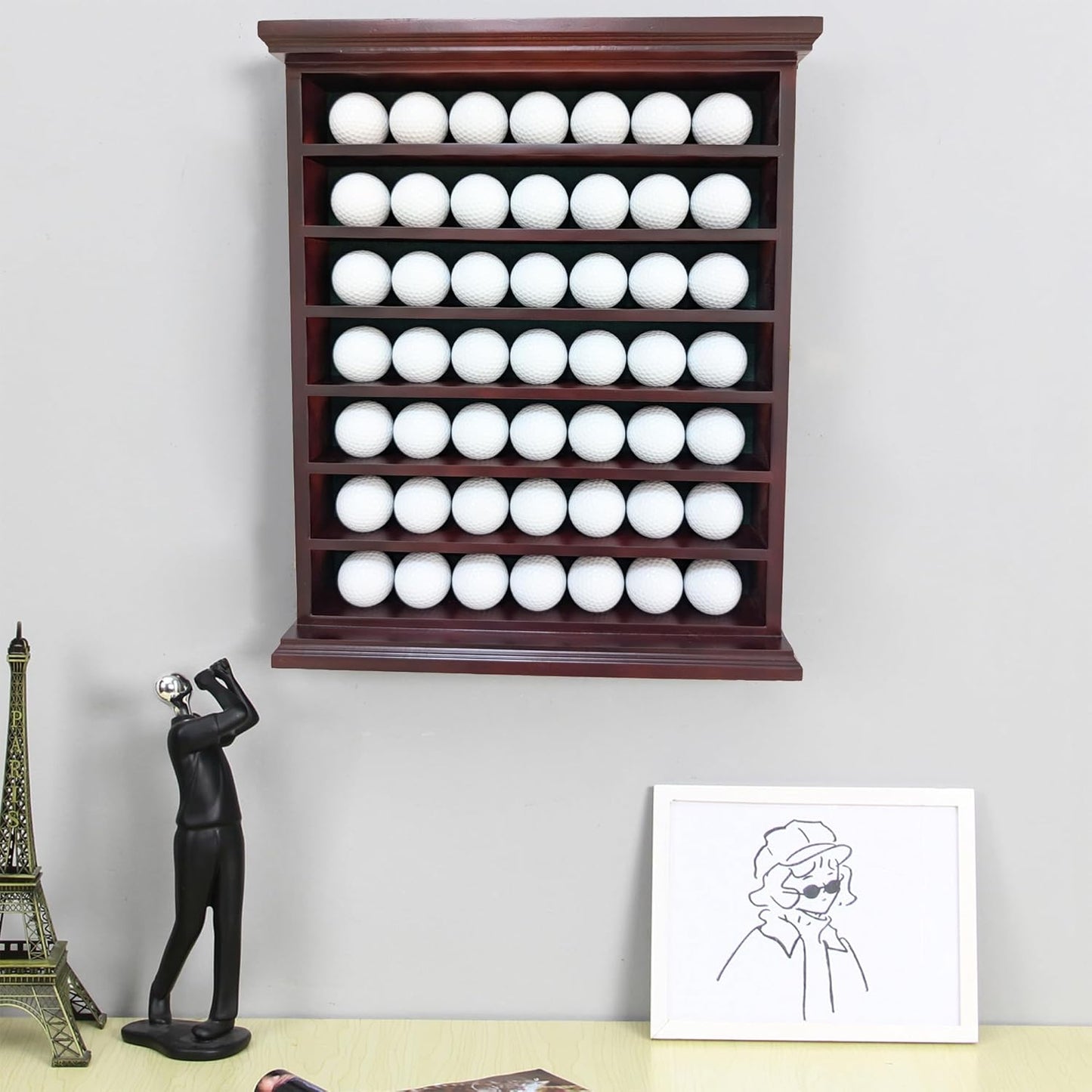 Golf Ball Display Case - Wall Mount, Black Finish, Green Felt Background, No Door, Perfect for Golf Balls, 14.6" W x 17.4" H x 3" D
