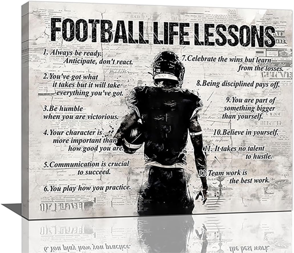 Sports Wall Art Football Life Lessons Wall Decor Retro Poster Boy Men Room Motivational Decorations Canvas Print Painting Artwork for Bedroom Bathroom Living Room 20"x16"