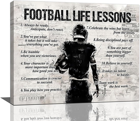 Football Sports Wall Art Football Life Lessons Wall Decor Football Sign Retro Poster Boy Men Room Motivational Decorations Canvas Print Painting Artwork for Bedroom Bathroom Living Room 24"x20"