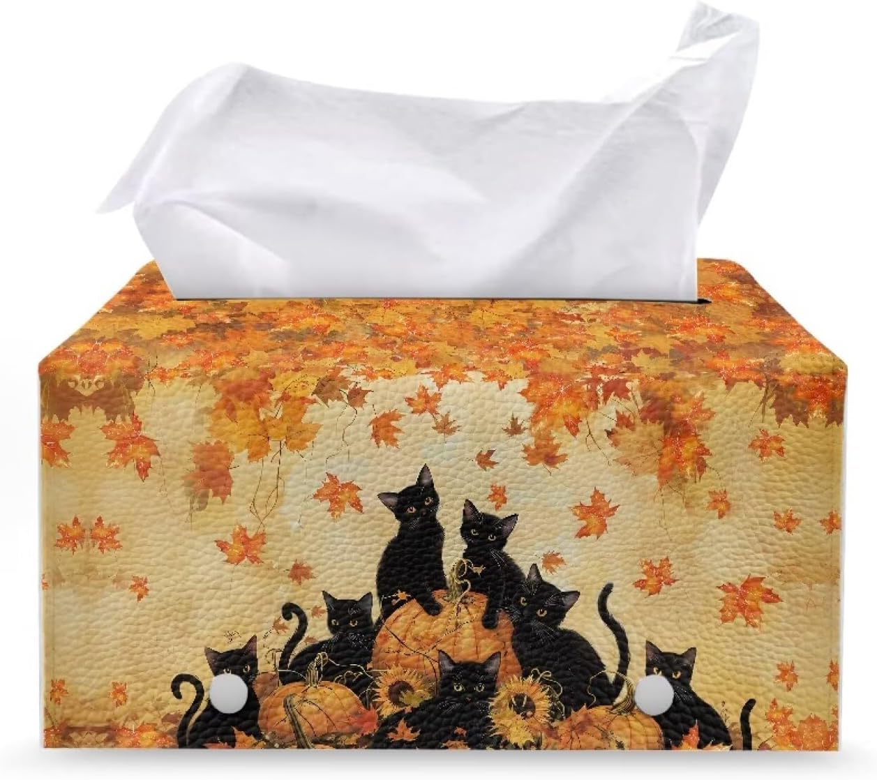 Fall Tissue Box Cover Rectangular Black Cat Maple Leaf Pumpkin Print 9.7"x5.2"x5.12" PU Leather Tissue Cover Decorative Organizer with Bottom Belt Easy to Install Car Decoration